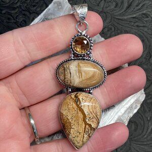 Citrine and Landscape Picture Jasper Pendant Stone Crystal Jewelry